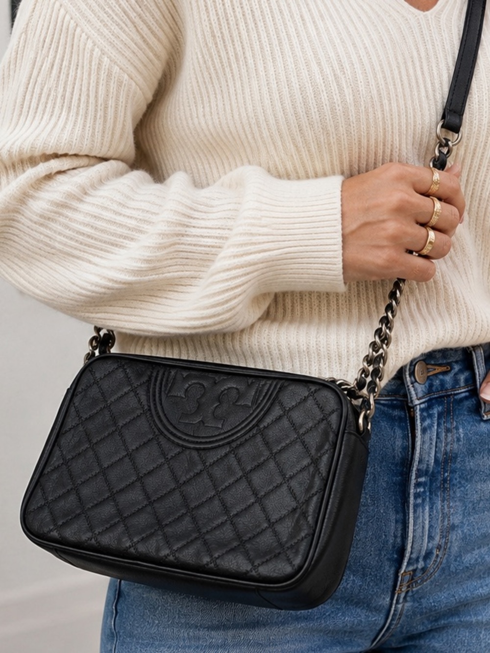Tory Burch Kira Chevron Black Leather Quilted Crossbody Camera Bag